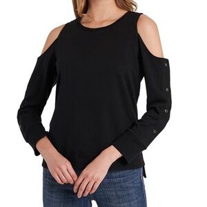 Vince Camuto Black Cold-Shoulder Sweatshirt with Snap Sleeves